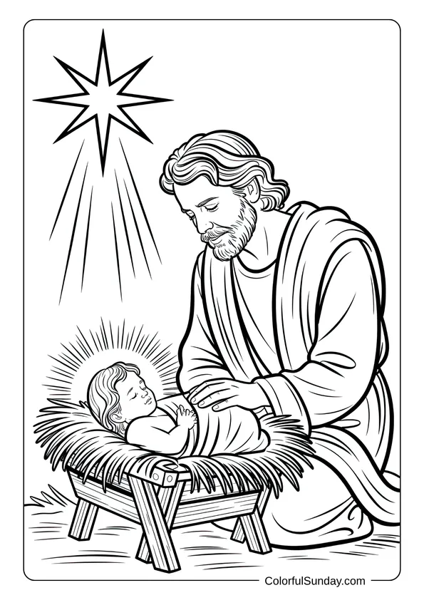 Joseph kneeling beside baby Jesus in a manger under a shining star, illustrated as a nativity coloring page.