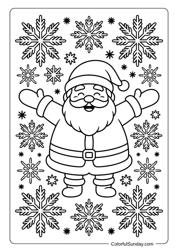 Joyful Santa surrounded by large snowflakes spreading cheer, in a festive coloring page.