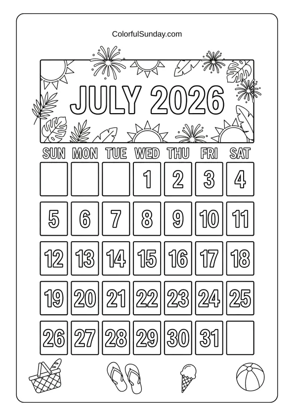 July 2026 summer celebration calendar coloring page with fireworks printable coloring page