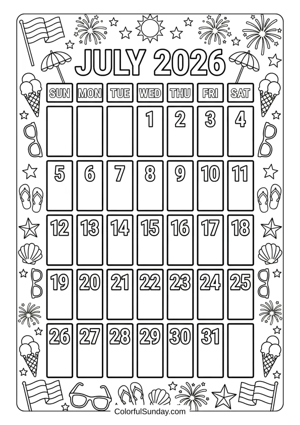 July 2026 summer calendar coloring page with beach items printable coloring page