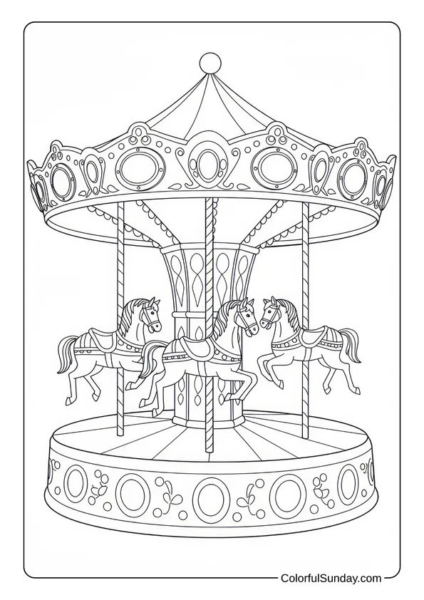 July coloring page of a classic carousel with three horses and ornate decorations around the top and base.