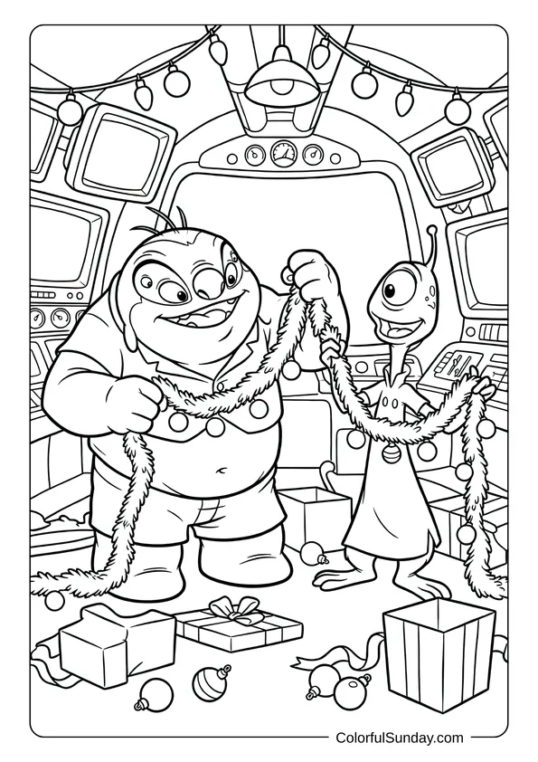 A Disney Christmas scene in a coloring page style showing Jumba and Pleakley decorating their space station with garlands and baubles.