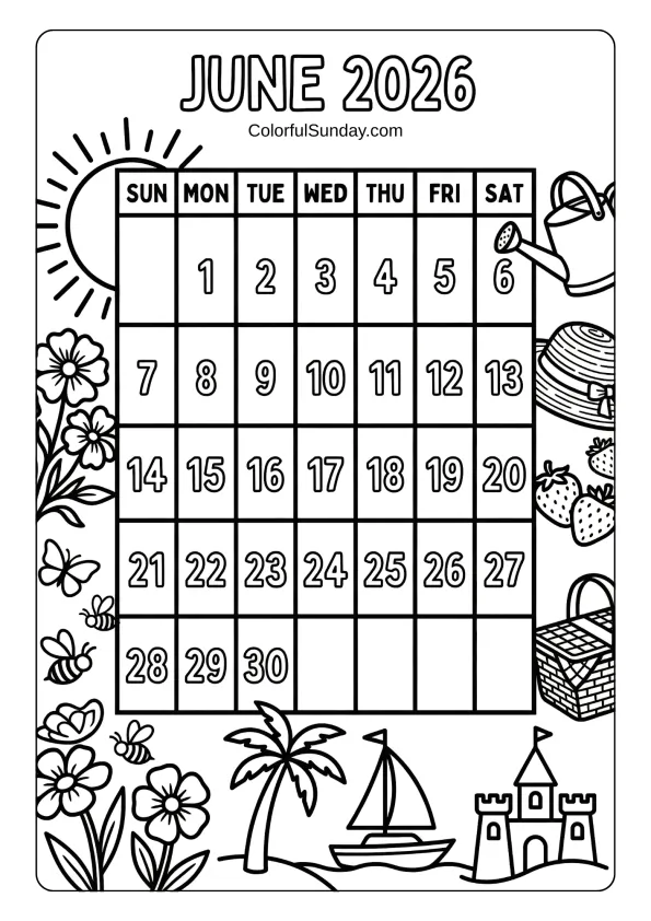 June 2026 summer calendar coloring page with beach and sun elements printable coloring page