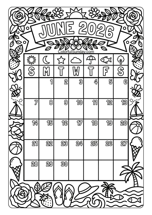June 2026 decorative banner calendar coloring page with flowers and fruit printable coloring page