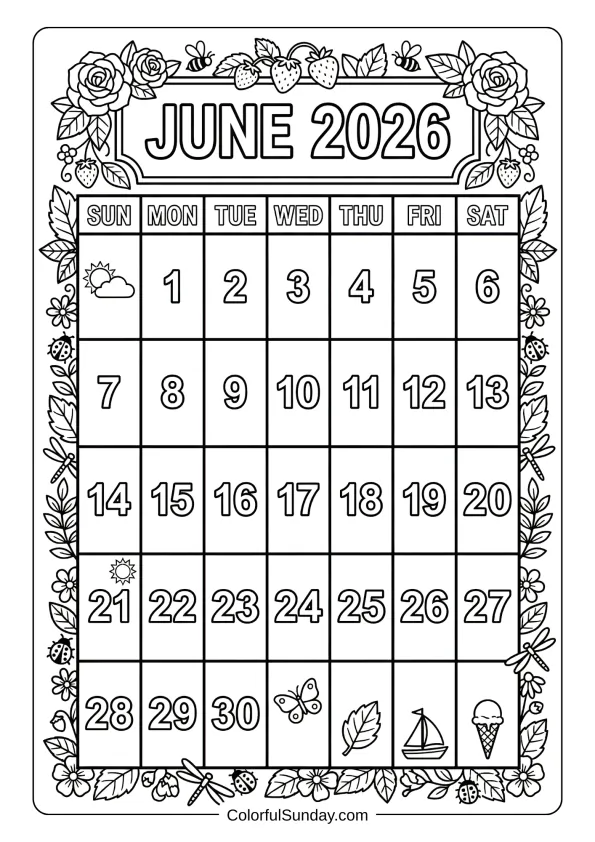 June 2026 floral frame calendar coloring page with butterflies and leaves printable coloring page