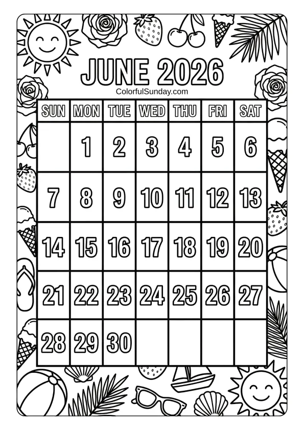 June 2026 summer icons calendar coloring page with ice cream and fruit printable coloring page
