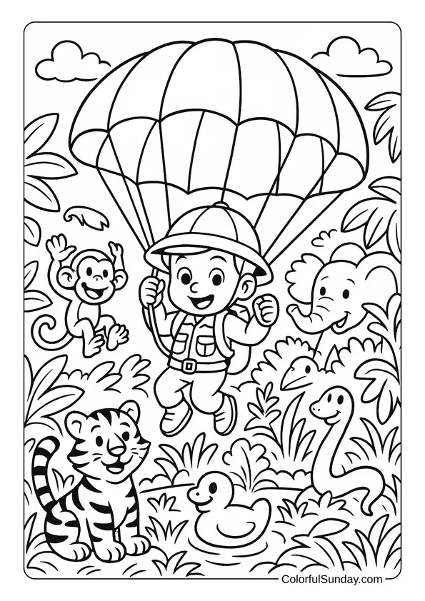 Parachute coloring page of a jungle explorer landing among wild animals like a monkey, tiger, and elephant.