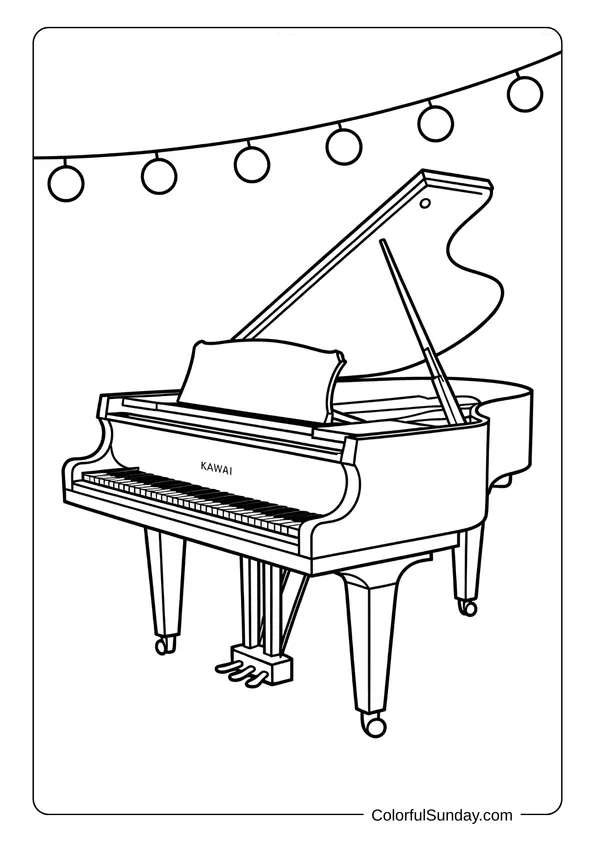 Pikachu From Pokemon Coloring Page Kawai grand piano under hanging lights, illustrated in a simple coloring page style.