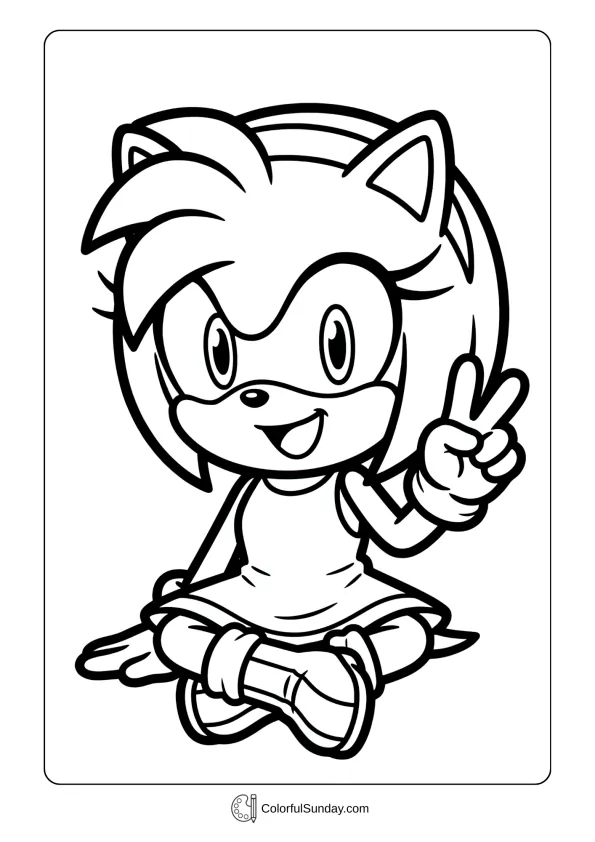 A coloring sheet of Sonic character Amy Rose sitting adorably making a peace sign coloring page