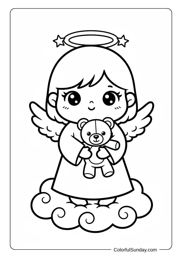 A kawaii angel coloring sheet with big eyes holding a teddy bear on a cloud.