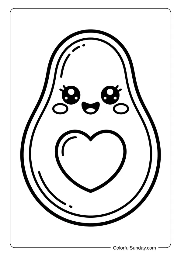 Kawaii Avocado Drawing For Kids Smiling avocado with a heart-shaped pit and blushing cheeks, drawn for a fun kawaii coloring page.