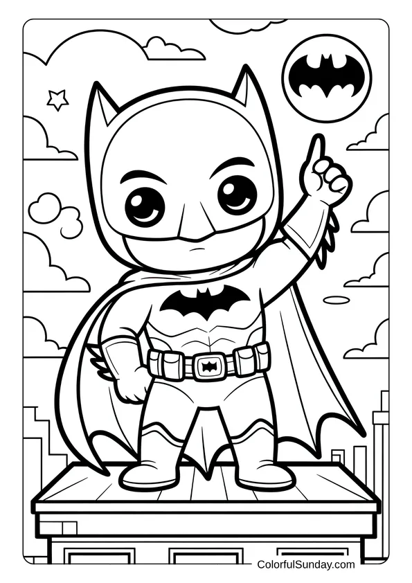 Chibi Batman pointing at the bat signal in the sky in a kawaii-inspired coloring page.