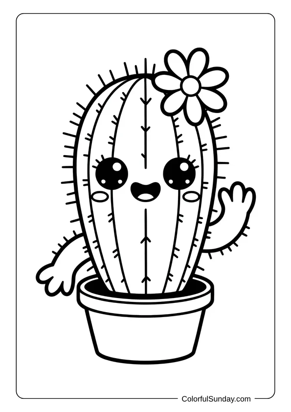 A smiling cactus wearing a flower and waving from its pot, illustrated in a happy kawaii coloring page.