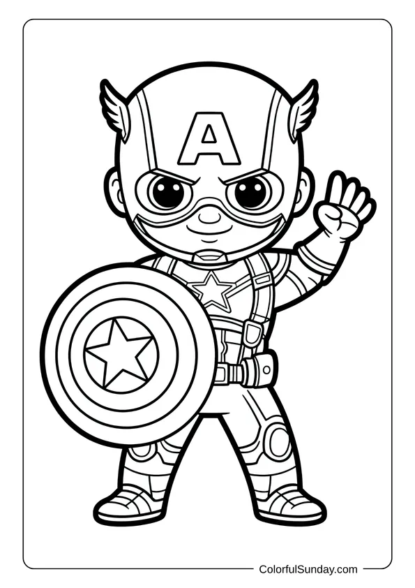 Captain America in kawaii form holding his shield and waving, shown in a superhero coloring page.