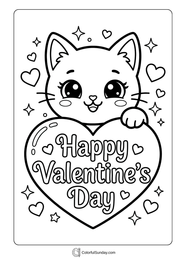 A coloring page of a kawaii cat holding a heart with 'Happy Valentine's Day' written on it.