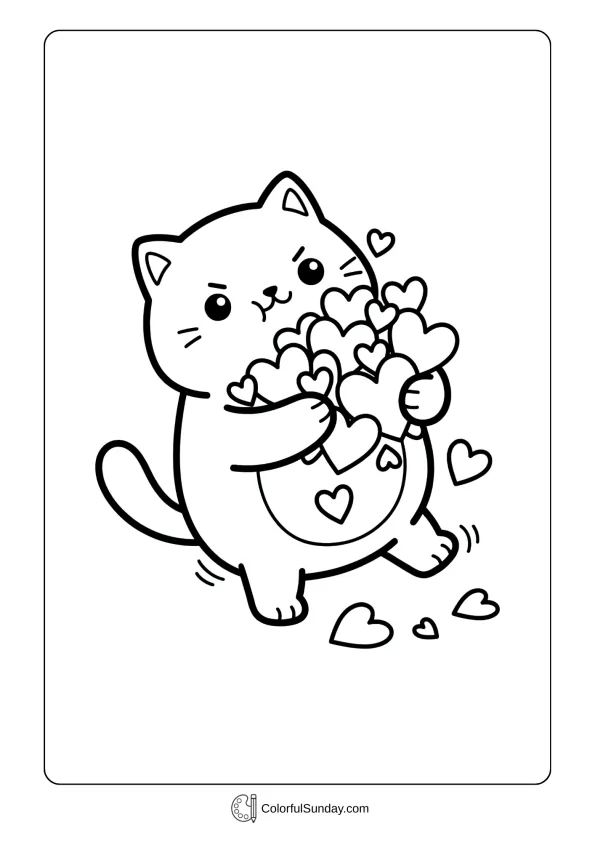 A kawaii cat tries to carry a big pile of hearts on a Valentine's Day coloring page.
