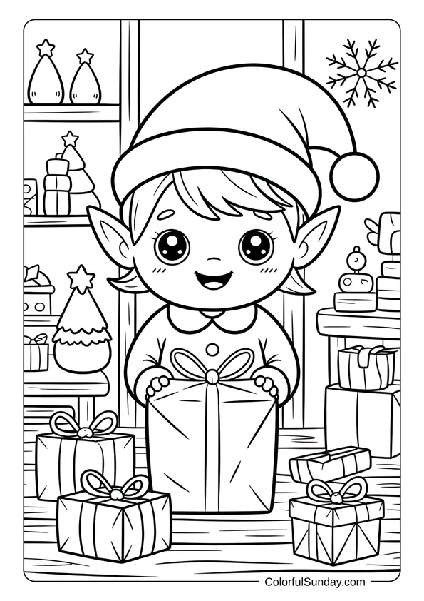 Kawaii Christmas elf smiling while holding a big present in a cozy workshop scene for a coloring page.
