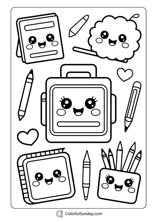 Kawaii-style classroom supplies with smiling faces including a lunchbox, books, and pencils, adorable coloring page.