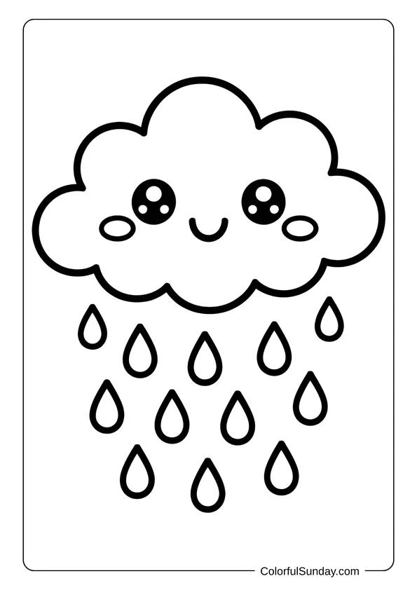Kawaii Cloud To Color Kawaii cloud with a cute smile and raindrops falling below, drawn for a weather-themed coloring page.