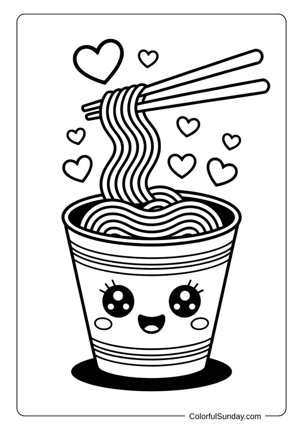 Cup of noodles with chopsticks and hearts floating around in a funny kawaii food coloring page.