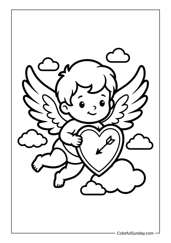 Kawaii Cupid with heart in a coloring page