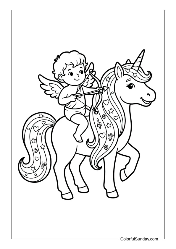 Whimsical Cupid riding a magical unicorn with hearts in a coloring page.