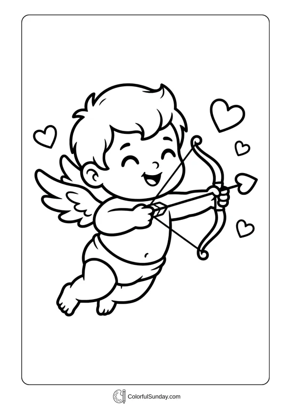 A coloring page of a kawaii Cupid shooting a heart-tipped arrow for Valentine's Day.