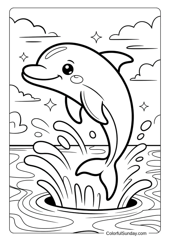 Smiling dolphin leaping out of the water under a bright sky in a fun kawaii coloring page.