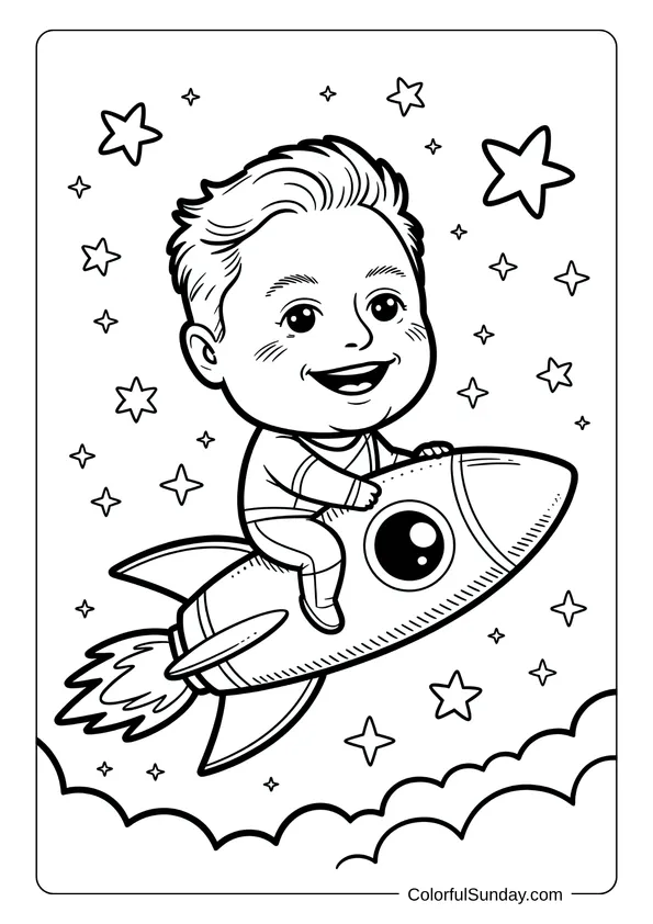 Child flying on a rocket among stars and clouds in an imaginative kawaii coloring page.
