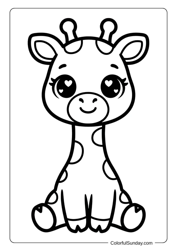 A super cute kawaii-style giraffe with sparkly eyes hearts and adorable tiny features coloring page for kids.
