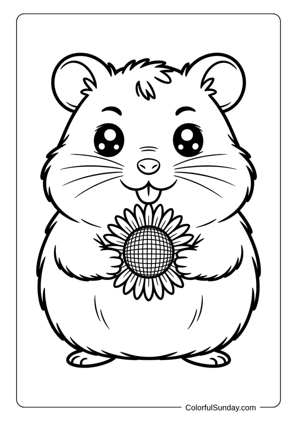 Kawaii Hamster Drawing For Kids Smiling hamster holding a sunflower seed in its paws, featured in a kawaii animal coloring page.