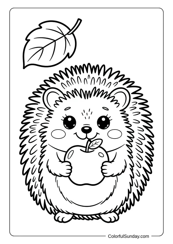 Kawaii hedgehog happily holding an apple under a falling leaf in this adorable coloring page.