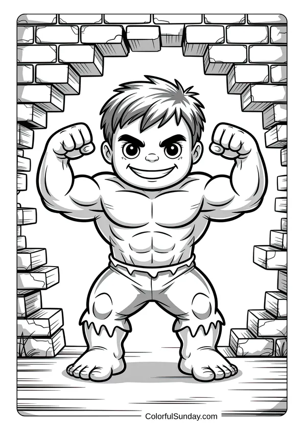 Muscular chibi Hulk breaking through a brick wall in an action-filled kawaii coloring page.