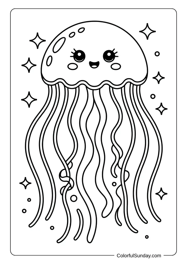 A happy jellyfish surrounded by bubbles and sparkles in this undersea kawaii coloring page.