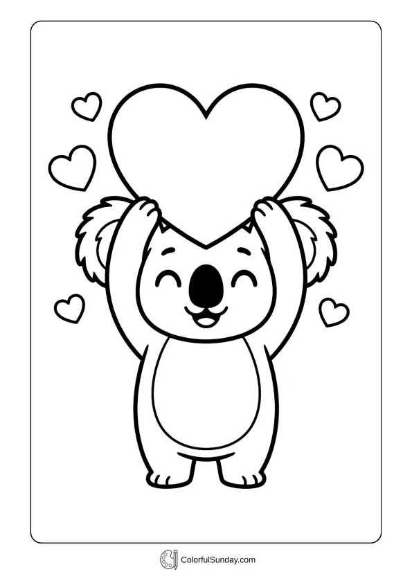 A coloring page featuring a kawaii koala holding a heart overhead to celebrate Valentine's Day.
