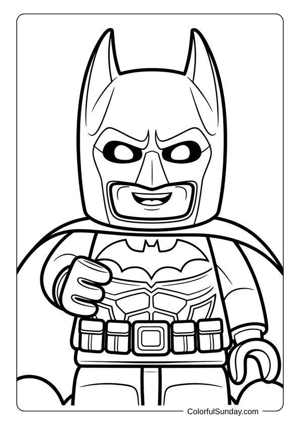 Lego kawaii Batman standing confidently with his cape and armor in a superhero coloring page.