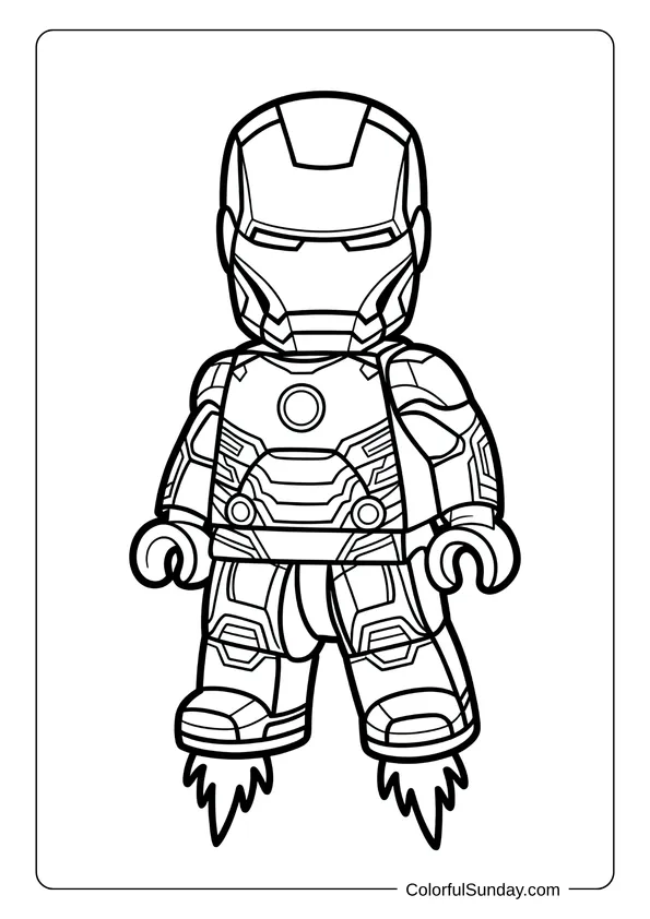 Lego Iron Man in a kawaii coloring page with small details on his armor and boots.