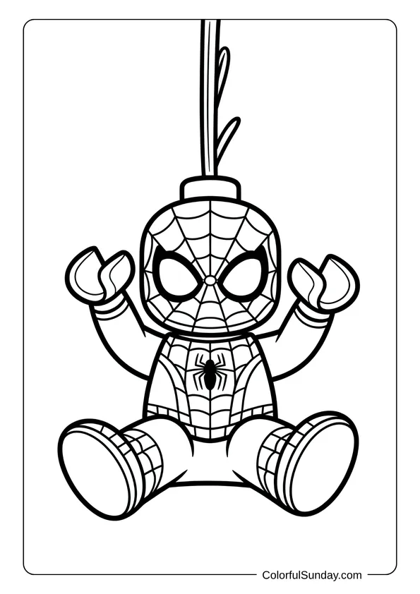 Lego Spider-Man hanging upside down from his web with a cheerful pose in a coloring page.