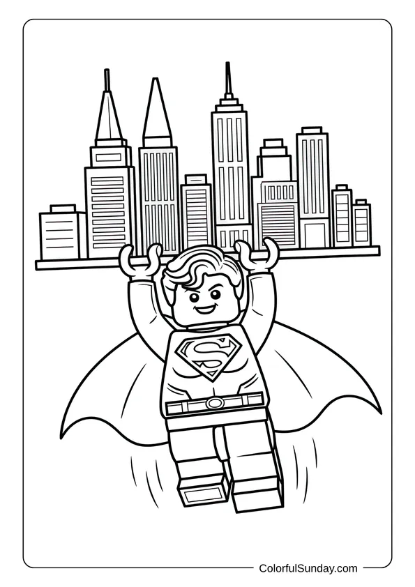 Lego kawaii Superman lifting a city skyline high above his head in a detailed superhero coloring page.