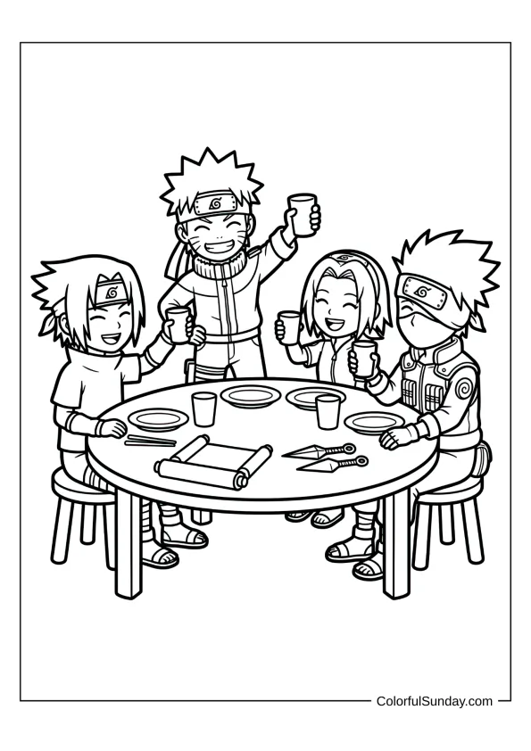 Naruto celebrating with team around table in festive coloring page.