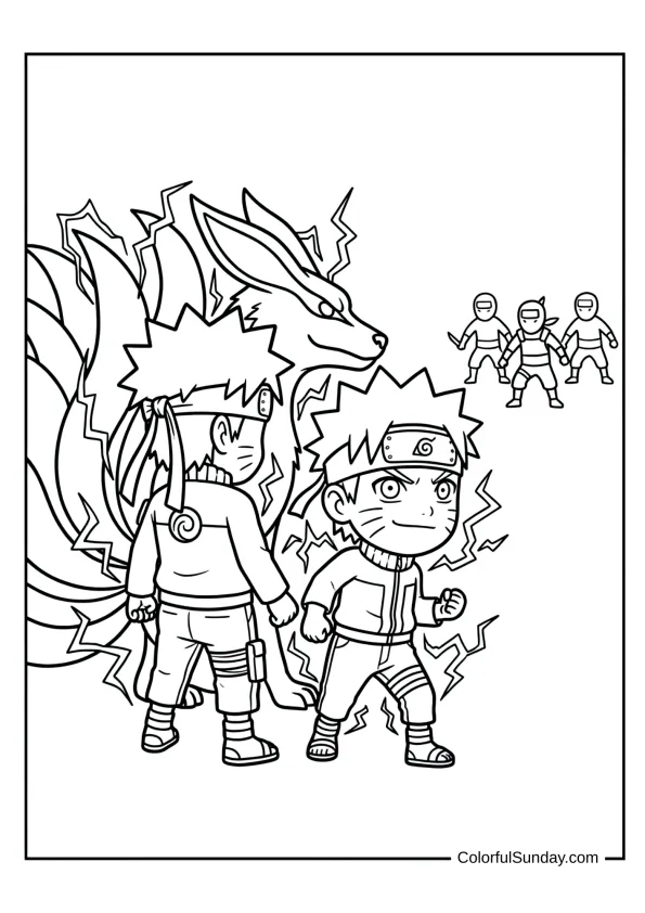 Naruto and Kurama sharing power, bold illustration coloring page.
