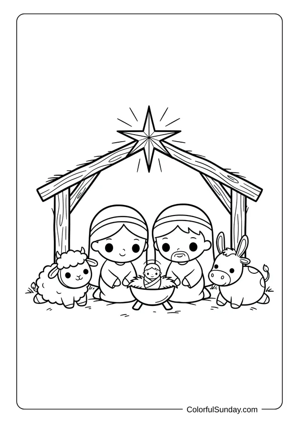 A kawaii nativity coloring page for kids with cute animals surrounding the holy family.