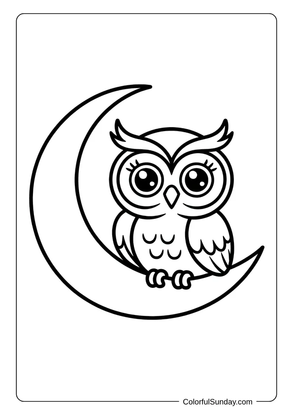 Kawaii Owl Coloring In An owl with big eyes sitting on a crescent moon in this cute kawaii-themed coloring page.