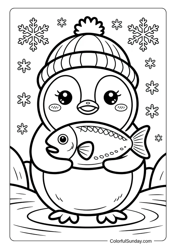 Kawaii penguin wearing a winter hat and holding a fish in a snowy coloring page.
