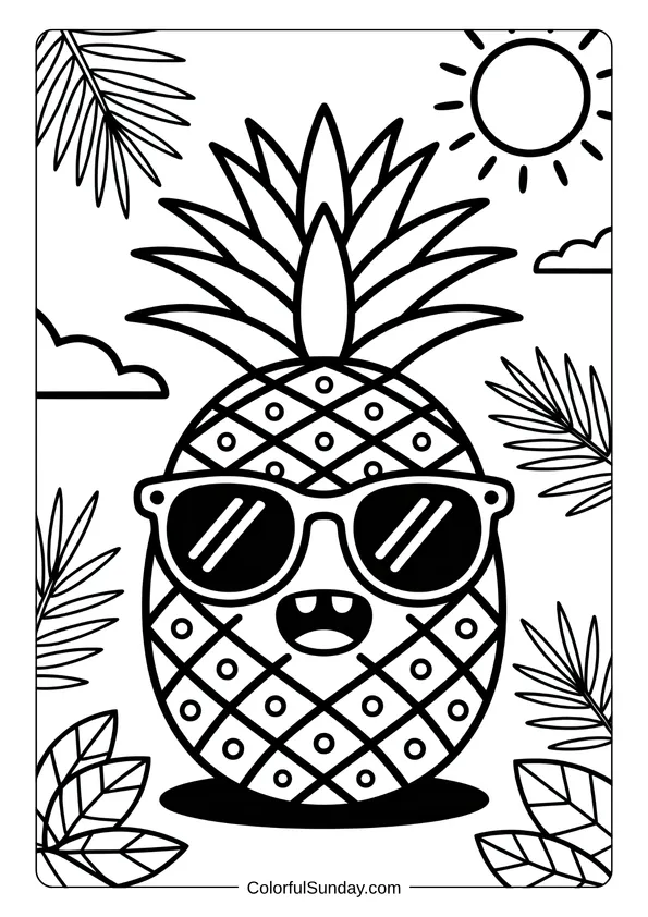 Pineapple wearing sunglasses under the sun, captured in a tropical summer kawaii coloring page.