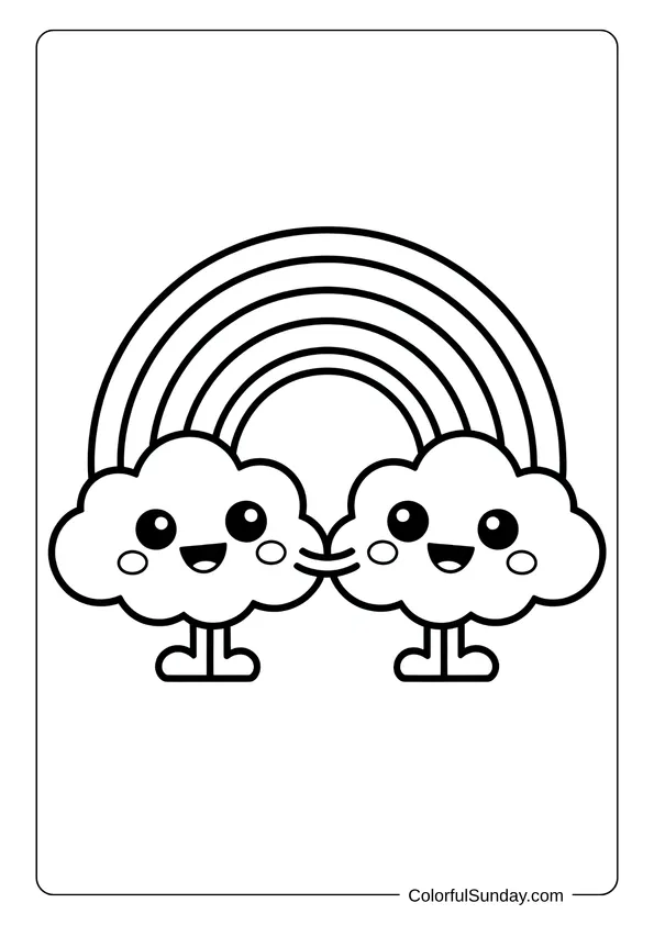 Kawaii Rainbow Scene For Kids Two cheerful clouds connected by a rainbow, drawn in a simple and happy kawaii coloring page.