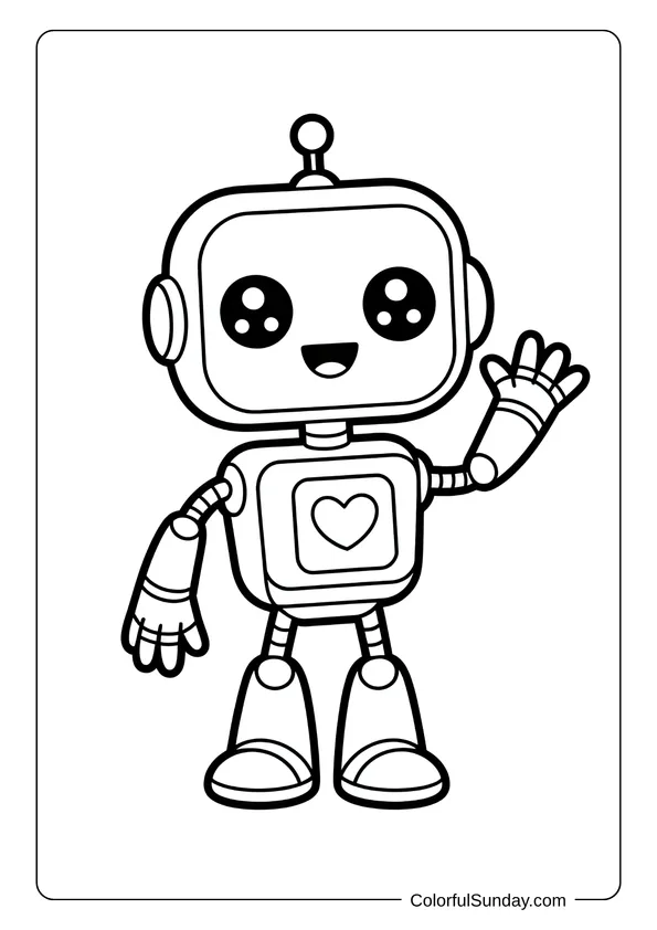 Friendly kawaii robot waving with a heart on its chest in this adorable coloring page.