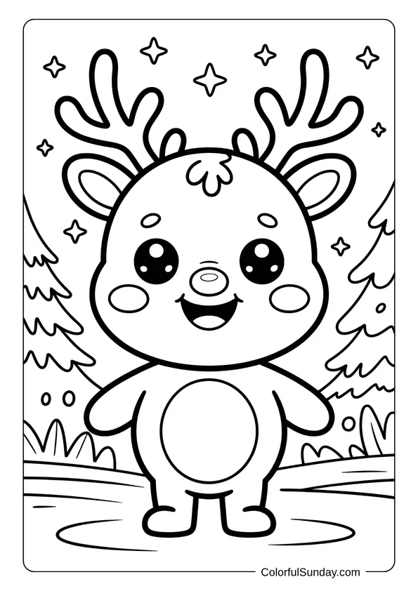 Kawaii Rudolph smiling in a snowy forest with Christmas trees in the background, perfect for a holiday coloring page.
