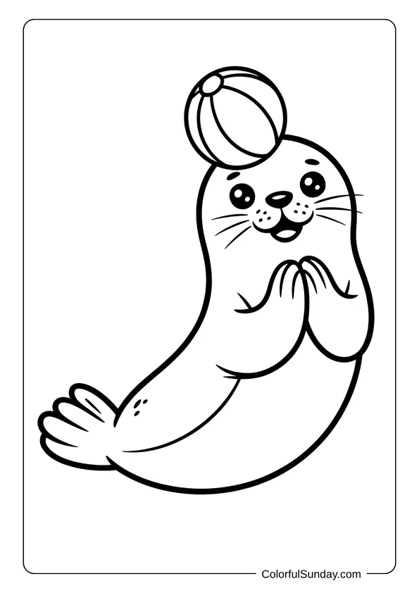 Kawaii Seal For Coloring Fun Cute seal balancing a ball on its head with a happy face in an adorable kawaii coloring page.