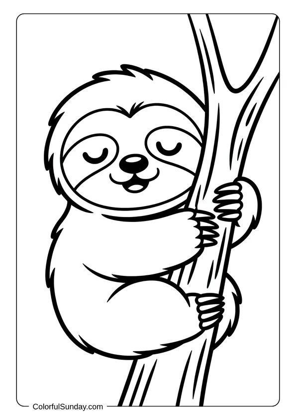 Kawaii Sloth Coloring In Peaceful sloth resting on a tree branch with a calm smile, captured in a cute kawaii animal coloring page.